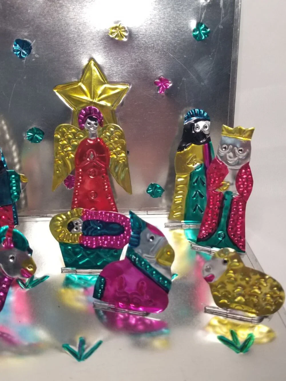 Mexican Folk Art Punched Tin Folding Pop Up Nativity Scene Hand Painted Display